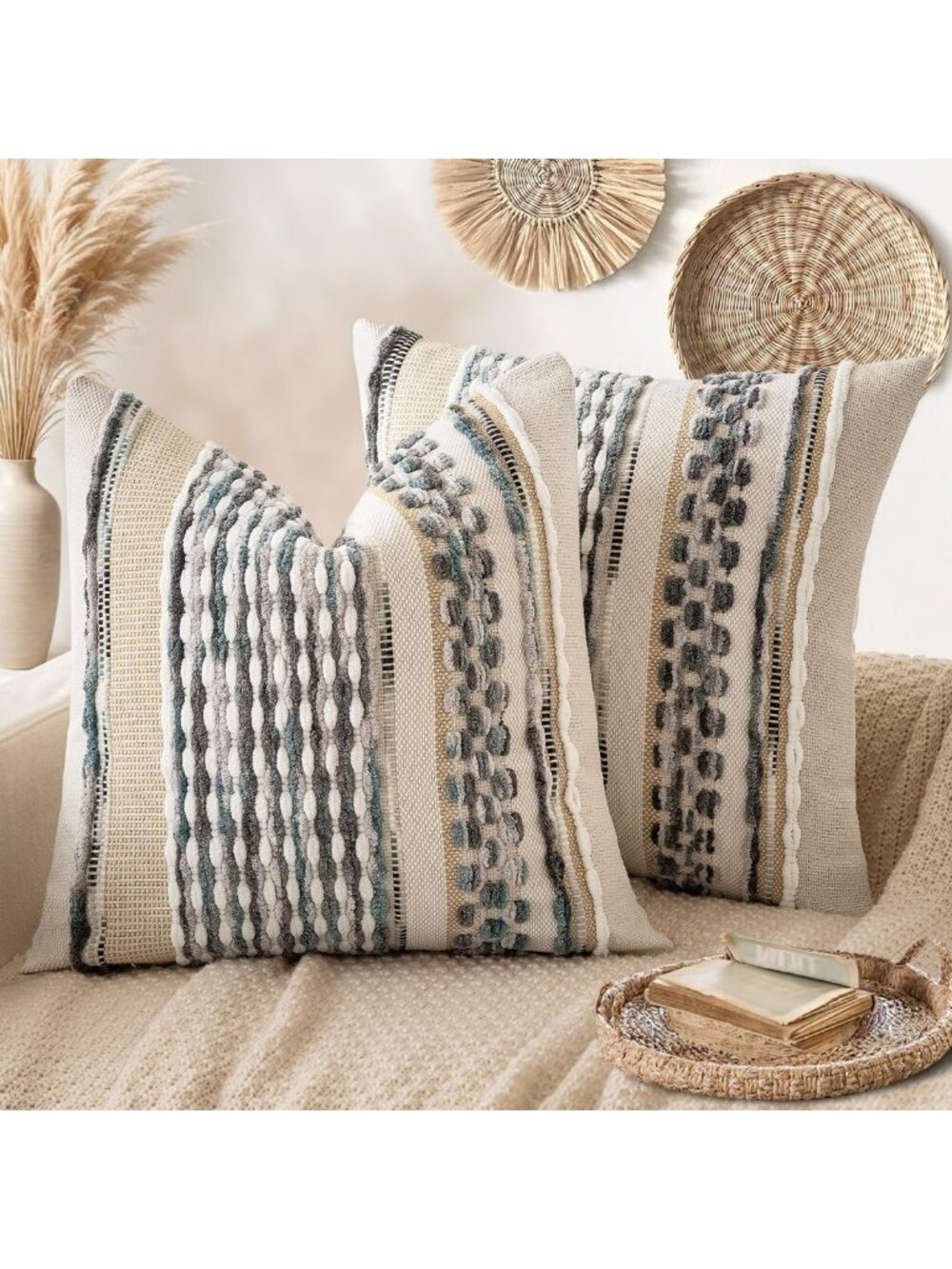 Boho Chic Decorative Pillow Covers, Gray & Blue Stripes, 26x26 Inch, Set of 2